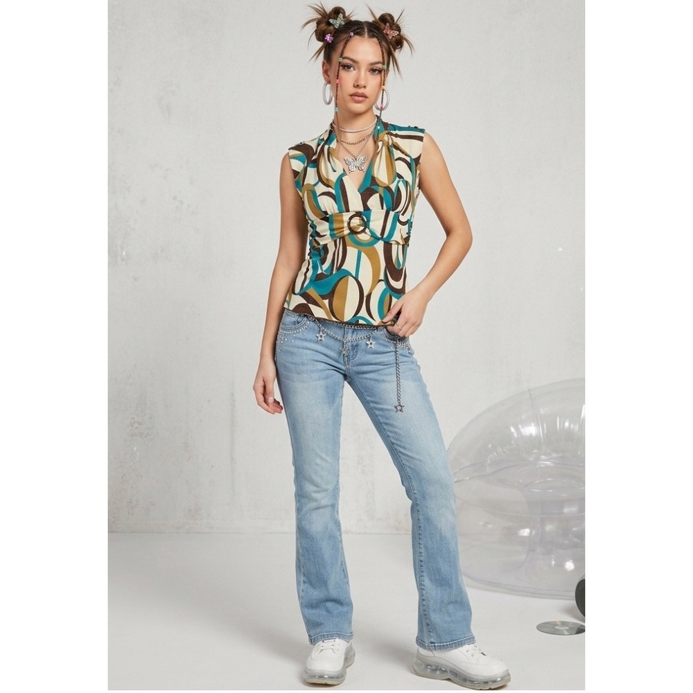 Volume One Juniors Y2K Retro Geometric Print Ring Tunic Top Teal Brown Gold L